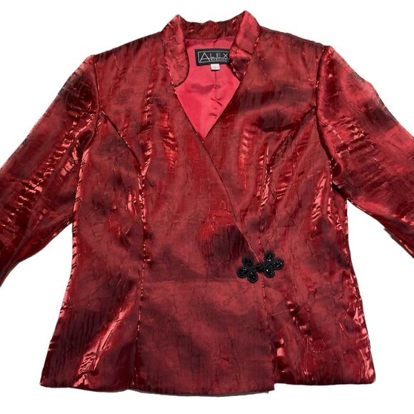 Alex Evenings Iridescent Wrap Jacket Top Beaded Frog Closure Red Holidays Sz L - Picture 5 of 15